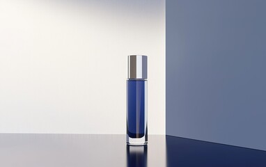 Poster - Sleek blue glass bottle on a minimalistic surface with soft lighting in a contemporary setting