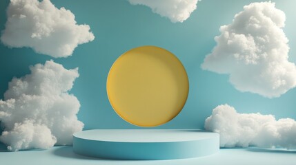 Aufkleber - 3D rendering of an abstract blue background featuring white clouds and a yellow circular opening Geometric display scene with a blank podium stage designed for product showcasing