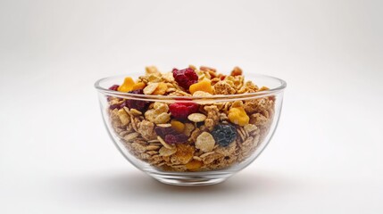 Poster - Close Up of a Glass Bowl Filled with Breakfast Cereal Against a White Background