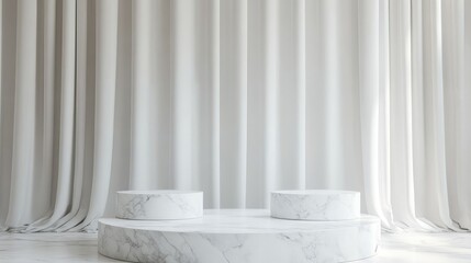 Poster - 3D rendering of blank white marble display podiums for advertising against a white curtain backdrop 3D illustration