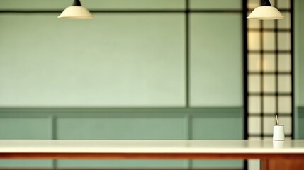 Poster - Blurred Business Workspace with a Table and Computer Abstract Background with Office Blur in a Vintage Tone