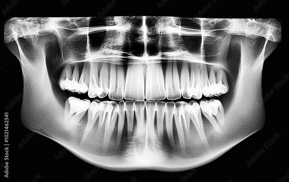 Detailed dental x-ray showing a full set of teeth and jaw structure ...