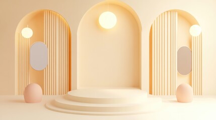 Poster - 3D rendering of an abstract cosmetic background featuring a minimalist podium for product display An empty scene with spherical lighting and mirrors complemented by a pastel cream wall Fashion sho
