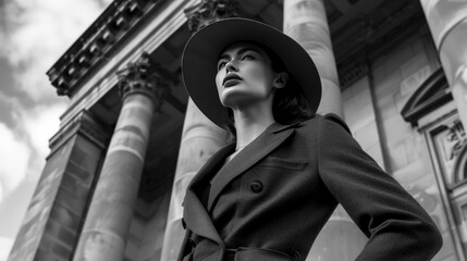 Black-and-white editorial featuring minimalist 1940s fashion, with the model in a tailored suit and hat, standing in front of an elegant, historic building.