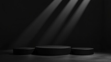Poster - Black podium against a dark backdrop for showcasing products Minimalistic pedestal setup for cosmetic presentations 3D rendering
