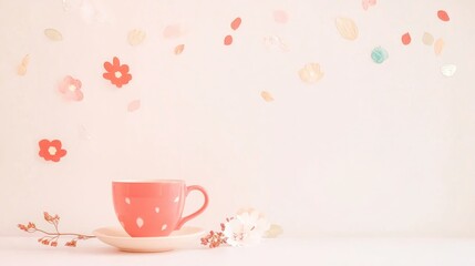 Poster - Coffee Cup on Light Background with Dried Flora