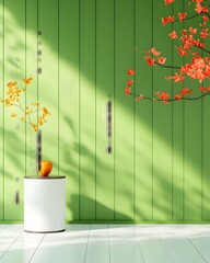 Poster - Sleek and modern 3D product showroom with olive green wall paneling clean white floor and cascading shadows from directional lighting creating a high contrast premium mockup rendering