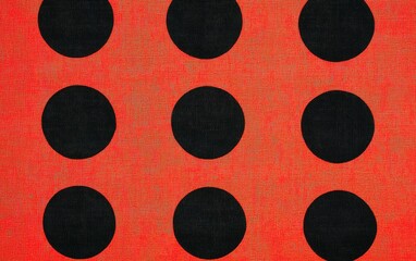 Poster - Bright red fabric with large black circles arranged in a grid pattern, showcasing a bold textile design ideal for modern decor