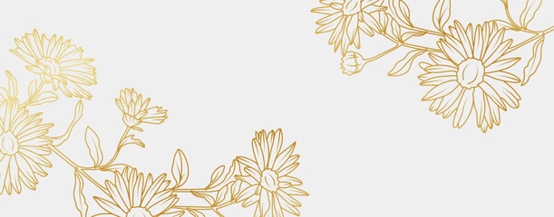 Luxury gold Aster flowers background. Floral pattern tropical in line art style for greeting, invitation, wedding card, wall art, wallpaper and print. Vector illustration