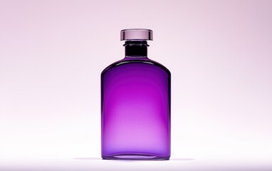 Poster - A violet glass bottle with a smooth surface and minimalist design glowing against a soft pink background