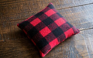 Poster - Cozy red and black plaid pillow resting on a rustic wooden table in a warm and inviting interior setting