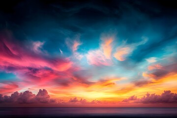Poster - Breathtaking sky filled with colorful fantastical clouds during golden hour creating a serene and mystical ambiance in a picturesque natural landscape scene