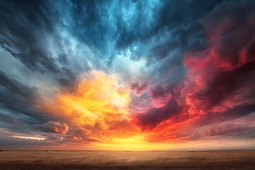 Poster - Dramatic and Captivating Vibrant Evening Sky ablaze with Colorful Clouds infused with Warm Hues of Amber and Fuchsia in an Idyllic Rural Landscape Setting