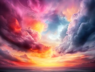 Poster - Vibrant and surreal kaleidoscopic sky ablaze with dramatic dusk colors and puffy fantastical cloud formations creating an atmospheric and moody sublime and transcendent romantic and dreamy landscape