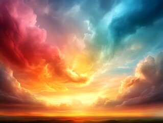 Majestic skyscape ablaze with warm hues of the rising or setting sun featuring whimsical cloud shapes and patterns creating a tranquil and enchanting mood in a picturesque natural setting