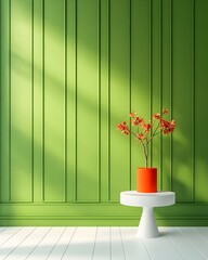 Poster - Sleek and Minimalist 3D Product Showroom with Olive Green Wall Paneling Clean White Floor Pedestal Display and Dramatic Cascading Shadows from Directional Lighting
