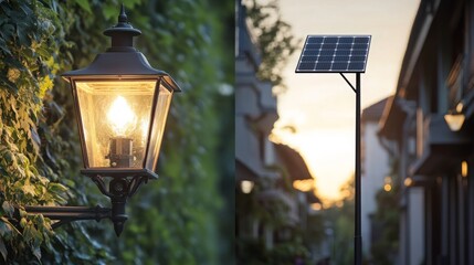 A traditional street lamp with a warm glow contrasts with a modern solar-powered street lamp. old vs new generation