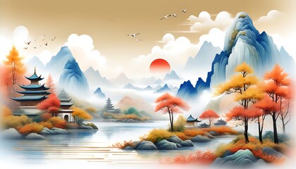 Golden traditional style landscape painting, featuring fusion of traditional and modern elements to showcase autumn beauty.