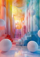 Canvas Print - Pastel surreal colorful 3D rendered architectural space