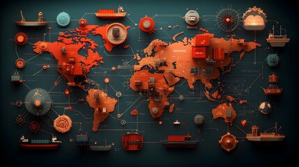 Poster - Sophisticated directing international logistics networks with a detailed world map plotting strategic supply chains and container ship routes for efficient export import of the golden age of global