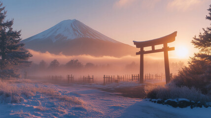 Canvas Print - 霧に包まれた富士山と初日の出、2025年の始まり