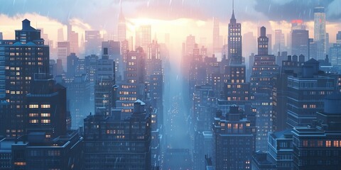 Canvas Print - Rainy Cityscape Urban Skyline Metropolis