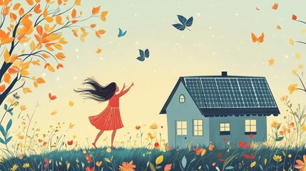 Wall Mural - Renewable Energy Joy: Playful Minimalistic Illustration of Little Girl Dancing in Front of Solar Panel House