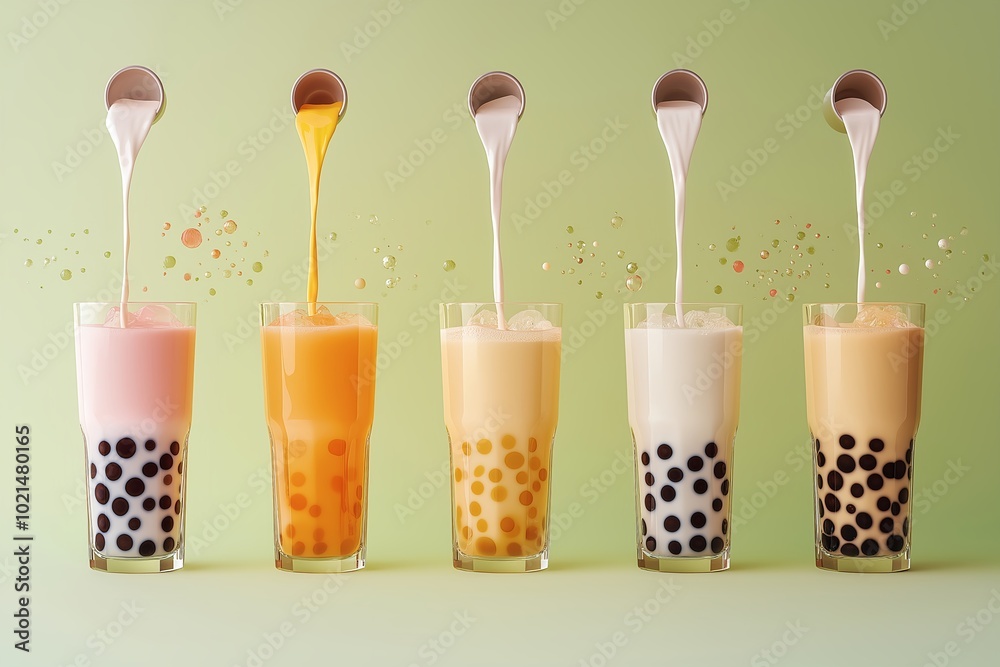 A Creative Collage of Bubble Tea in Various Stages of Preparation--pouring Milk, Adding Boba, Colorful Gradients