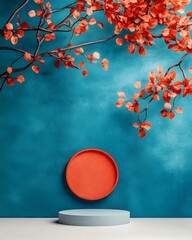 Poster - Pristine 3D studio space featuring a vibrant cobalt blue backdrop clean empty floor and walls singular product display platform nuanced shadow overlay from natural window light digital mock up