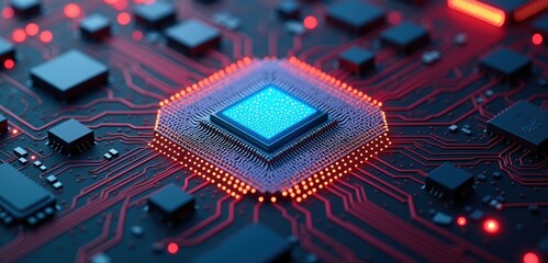 A close up view of a high tech microprocessor on a circuit board, showcasing intricate details and glowing elements. Ideal for technology and innovation themes.