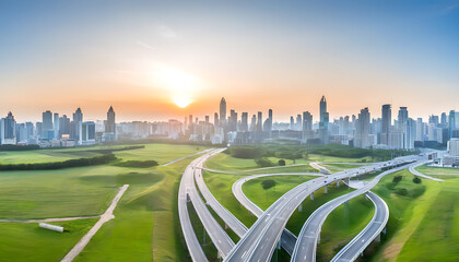 Sunrise beauty at the junction of city and grassland, drive freely on the road with no one.