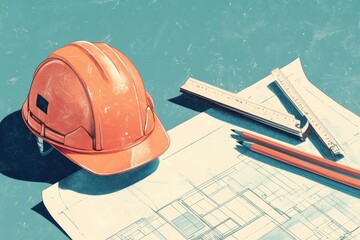 Illustration of an orange construction helmet placed next to an unfolded blueprint, with tools like rulers and pencils scattered around, representing planning and safety in construction