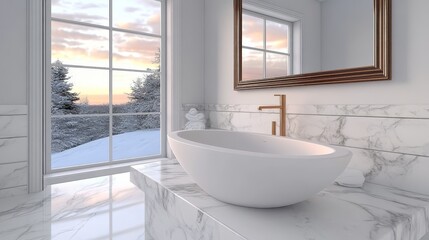 Wall Mural - Modern Minimalist Bathroom Interior with Freestanding Bathtub and Winter View from Window.