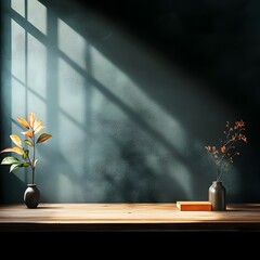 Poster - Minimalist 3D studio environment with slate grey backdrop and vacant wooden stage gentle shadow play from window highlighting table surface for luminous mockup artwork presentation