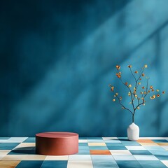 Poster - Sleek and modern 3D studio interior design with a deep blue backdrop sparse floor and walls and a central product display podium