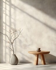 Poster - Neutral 3D studio setting with plain grey walls and floor well lit product display stage shadows cast from window subtle product design rendering in soft diffused light