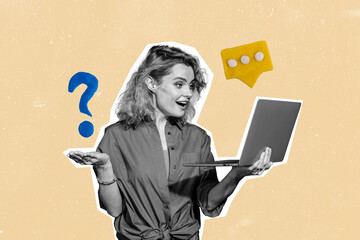 Poster - Creative collage picture young woman questioned dilemma unknown uncertain laptop communication social media textbox reply