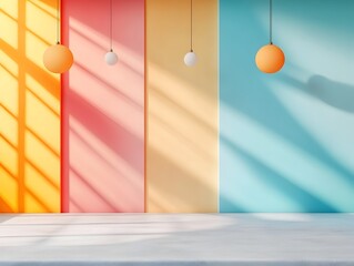 Poster - Minimalist 3D studio setting with a striking prismatic color gradient backdrop empty concrete floor and wall soft shadow cast from window lighting