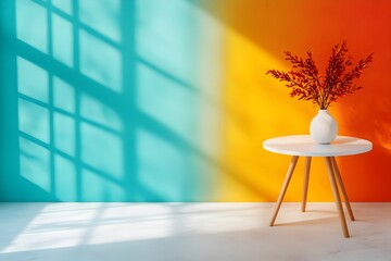 Poster - Minimalist 3D rendered studio room with chromatic gradient backdrop empty floor and wall product showcase display stand graduated shadow overlay from window to tabletop