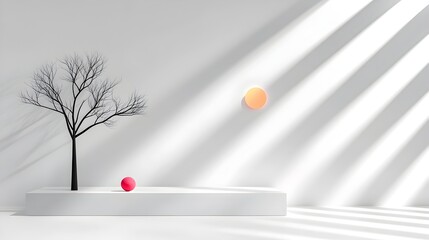 Poster - Minimalist 3D studio scene with monochromatic black and white background clear glossy floor and wall surfaces product showcase dais in center