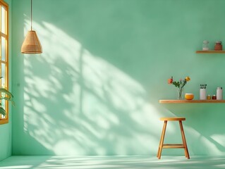Poster - Minimalist 3D studio scene featuring a mint green backdrop empty room with a product stand placed in the center window light casting a soft shadow across the countertop