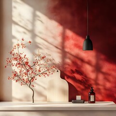 Poster - Sleek and modern 3D studio space with maroon accents clean empty product display podium soft natural lighting filtering through the window casting a shadow effect on the 3D rendered product mockup