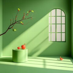 Poster - Tranquil 3D studio room featuring a chartreuse color scheme uncluttered floor and walls and a central product podium  Window illumination casts soft shadows on the surface creating a sunlit