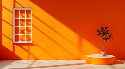 Poster - Sleek and modern 3D studio room design with a burnt orange background an empty floor and wall a product podium a shadow overlay from the window to the countertop and a sunlit mockup