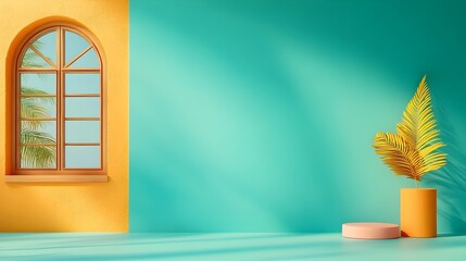 Poster - Minimalist 3D studio room interior design with vibrant blue background empty floor and wall product podium display shadow overlay from window to countertop and warm sunlight