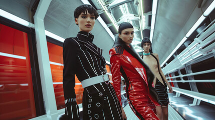 Poster - Models wearing avant-garde luxury fashion, posed in a futuristic environment with sleek, modern lighting enhancing the edgy, innovative designs