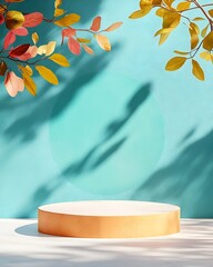 Poster - Pristine 3D studio space featuring a vibrant cobalt blue backdrop clean empty floor and walls singular product display platform nuanced shadow overlay from natural window light digital mock up