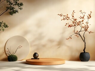 Poster - Serene 3D studio space with ochre toned walls minimal floor and podium soft shadow patterns from window lighting creating a natural and calming environment for digital product mockups and display
