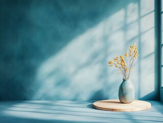 Poster - Dramatic minimalist 3D studio space with deep indigo backdrop featuring a central product podium and shadows cast by natural window lighting across the countertop  Showcasing a bright