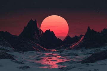 Wall Mural - A Red Moon Rising Over a Silhouetted Mountain Range